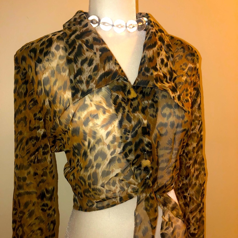 Vintage Leopard Button Up Tie Front Blouse